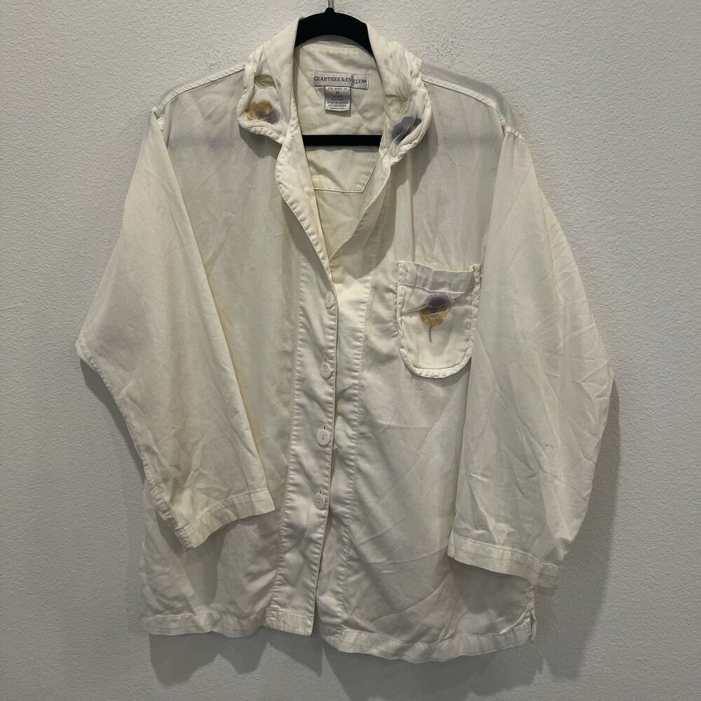 Crabtree and Evelyn Cream Pajama Top Floral Delicate 100% Cotton Button Down M